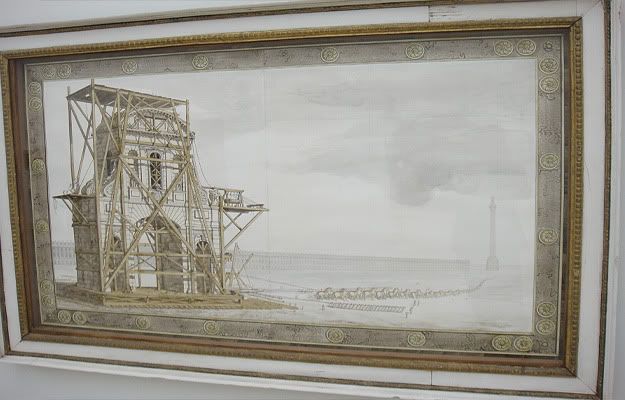 Pablo Bronstein artwork in Ink, ink wash, gouache and pencil on paper in artist's frame. Titled Relocation of temple bar, it was created in 2009 and exhibited at the Newspeak: British Art Now