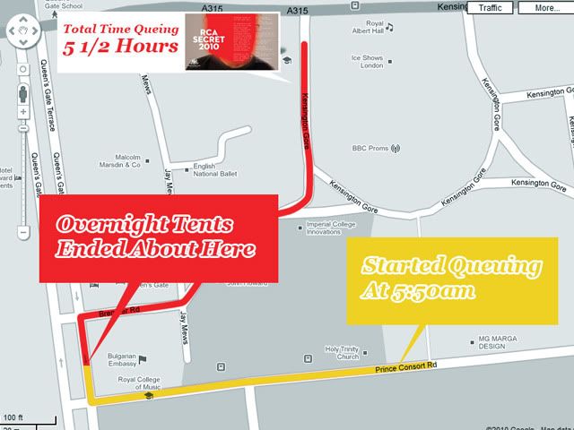 RCA Secrets 2010 - map showing what time we started queuing and how long it took
