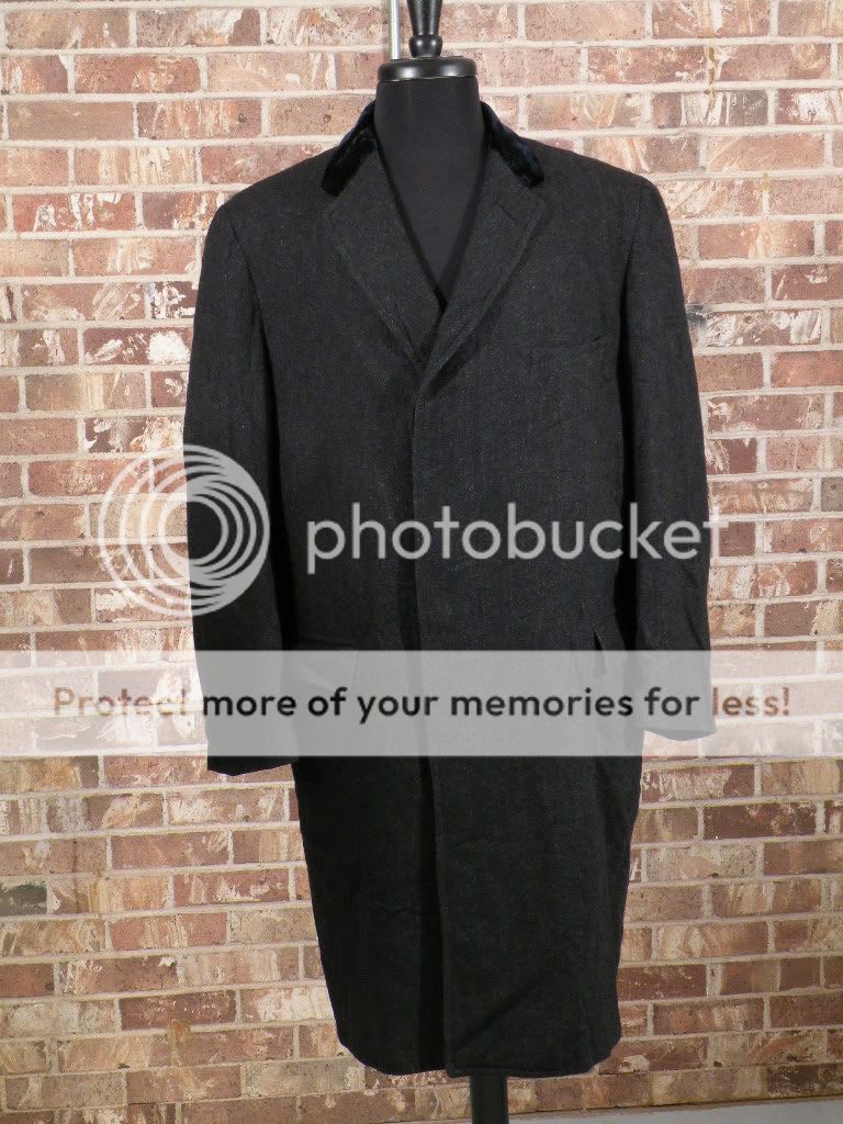 vtg 50s black wool herringbone tweed long over coat velvet collar 